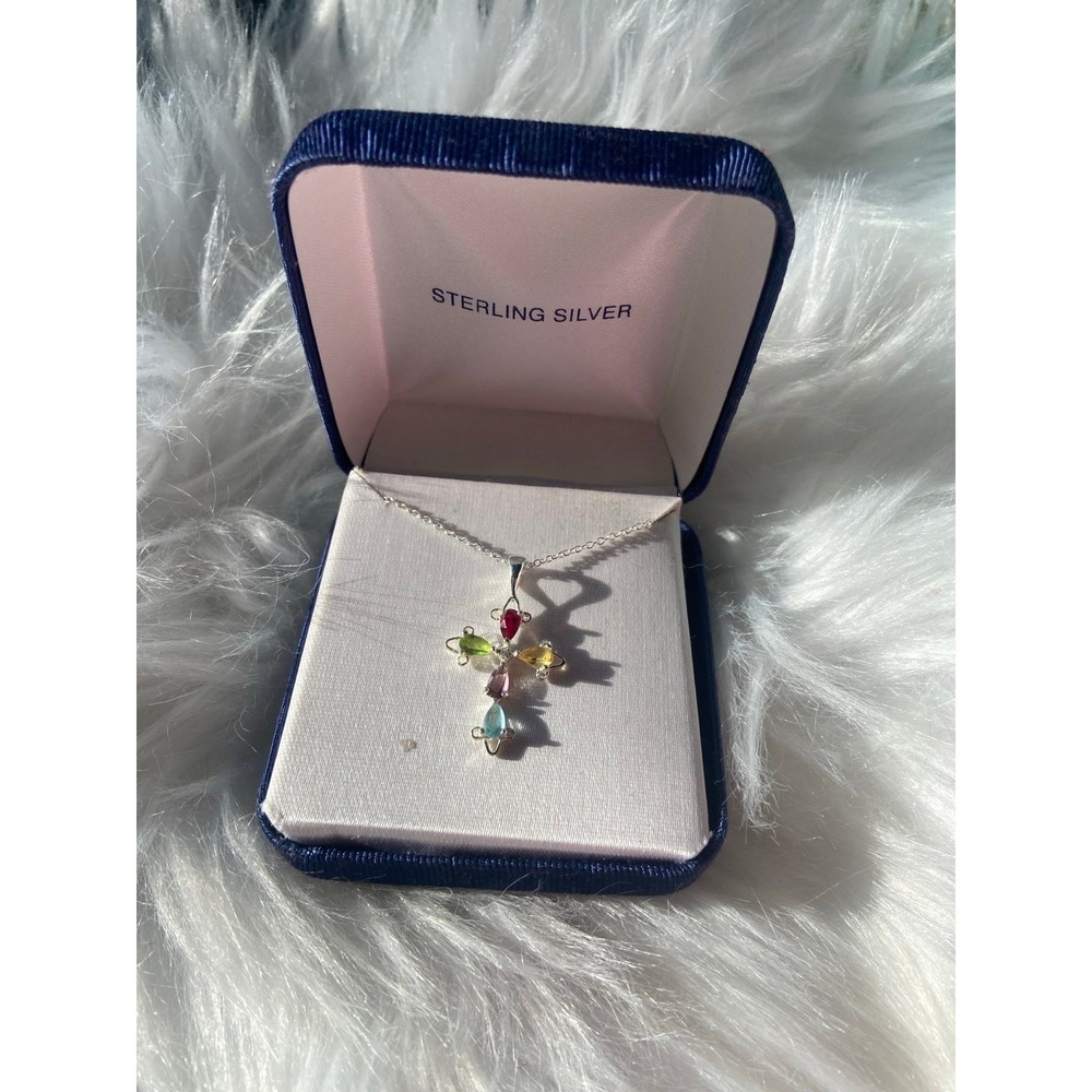 Sterling Silver 18in Chain Multi Colored‎ Cross Religious Necklace